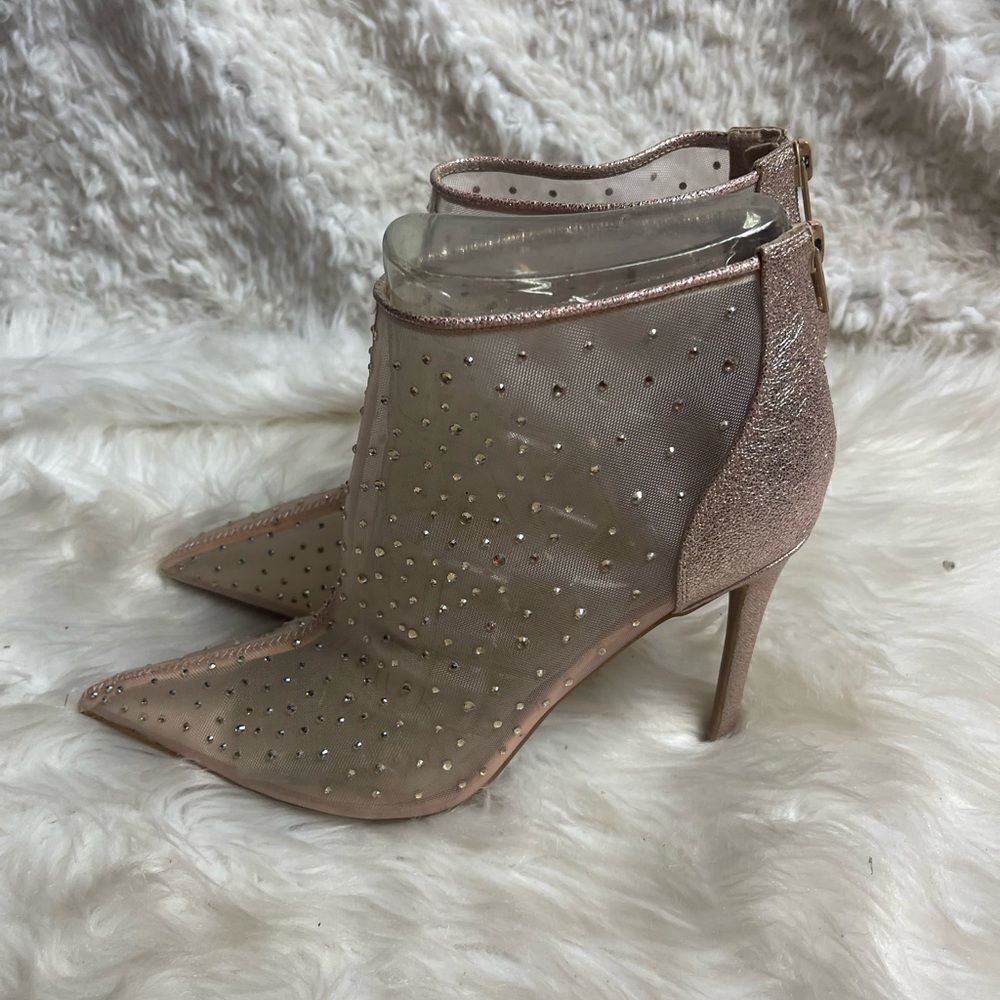 Nine West nude mesh Rhinestones Rose gold sparkle ankle heels back zipper SZ 9